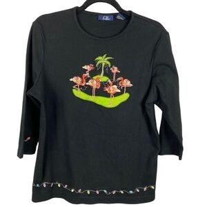 ✨3/$21✨ CB Casual Black Flamingo Embroidered Top XL Tropical 3/4 Sleeve Shirt